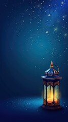 Eid Mubarak Celebration Lantern. A Lantern Amidst Simple Islamic Artistry Ramadhan Month With a Lot of Copy Space and Dark Blue Background