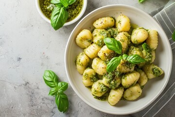 Italian dish of potato gnocchi topped with basil pesto served on a grey background - obrazy, fototapety, plakaty