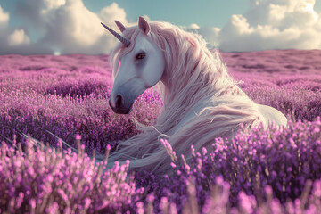Obraz na płótnie Canvas Lavender Dreams - A White Unicorn Amidst Blooming Fields of Purple