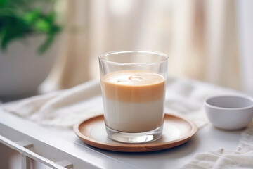 Creamy latte in a clear glass on the table - obrazy, fototapety, plakaty