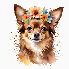 Watercolor chocolate chihuahua dog with floral wreath on head