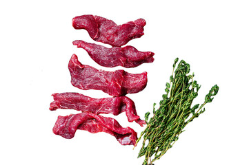 Raw marbled meat cut into thin strips for beefstroganoff.  Transparent background. Isolated.