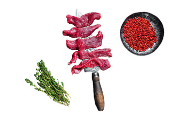 Fresh beef marbled meat cut into thin strips for goulash.  Transparent background. Isolated.