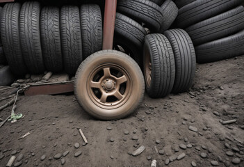Vintage car tire resting on the dusty earth surrounded by a pile of discarded tires. Used rubber tire from a vehicle in close-up view.