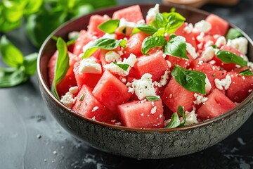 Healthy summer dessert Watermelon salad enhanced by feta cheese and basil