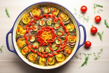 high angle of uncooked ratatouille in dish