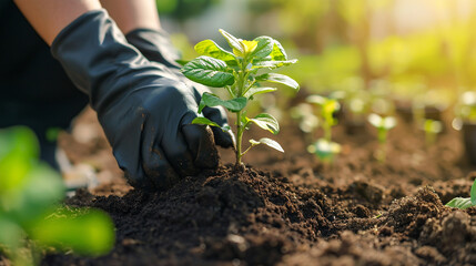 a farmer plants a seedling from a pot in the garden