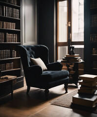Arm chair in a room with book shelves