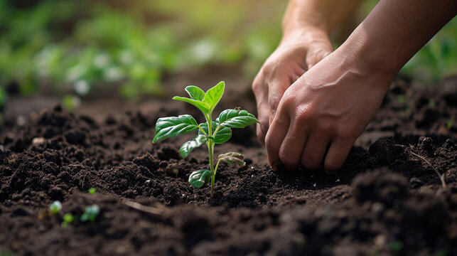 a farmer plants a seedling from a pot in the garden