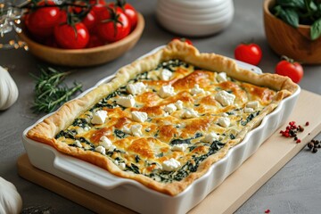 Spinach pie or quiche made with feta cheese without meat