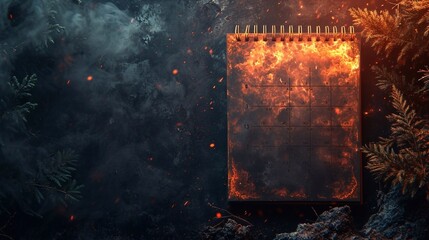 wall calendar sepated shits falling on fire on the corner on side, dark calm background, photorealistic