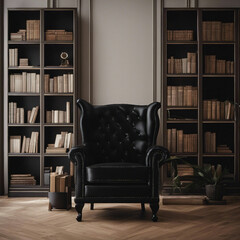 Arm chair in a room with book shelves