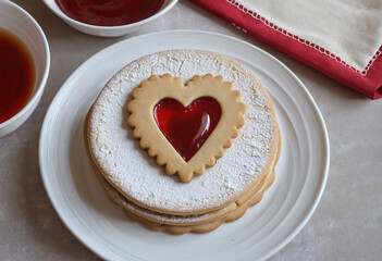 austrian Heart shaped linzer cookies, flat lay