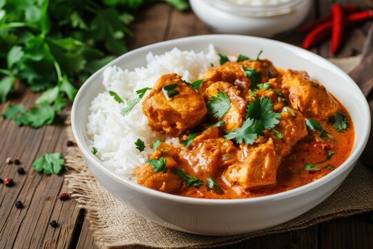 Curry chicken and rice served in a white bowl on a wooden table
