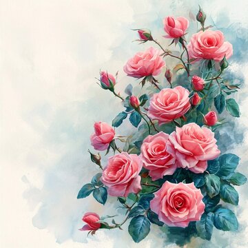 Top view: Many beautiful pink roses arranged on the side on corner, on the calm pastel colors background, watercolor, color splashes