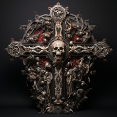 A dark jesus cross with skulls in red