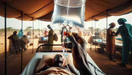 An African child in a temporary medical tent hospital in Africa , Iv drip, African nurse - obrazy, fototapety, plakaty