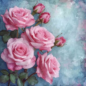 Top view: Many beautiful pink roses arranged on the side on corner, on the calm pastel colors background, watercolor, color splashes