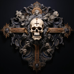 A dark jesus cross with skulls