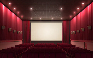 3d render cinema stage (sound system, spectacular lighting, upholstered in red fabric)
