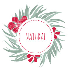 Cute hand drawn round frame with floral elements, leaves, red flowers. Colored doodle vector illustration for wedding design, logo and greeting card. Place for text. Isolated on white.