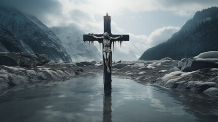 A jesus cross of the top of snowy mountain