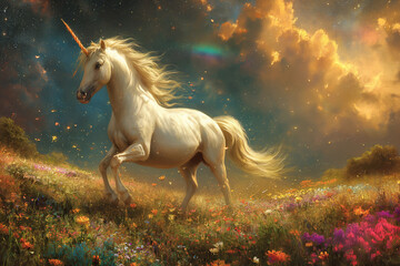 Obraz na płótnie Canvas White Unicorn amid Blooms Beneath Stars- Evening Sky and Clouds