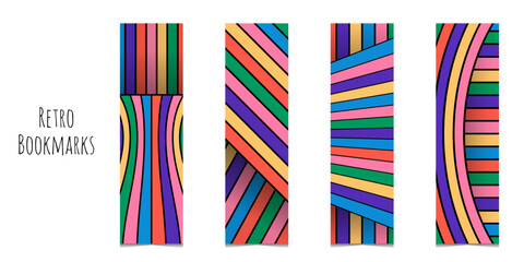 Bookmarks set with abstract colored stripes. Template for printing student and school bookmarks. Rectangle bookmarks in retro color palette. Isolated on white background.