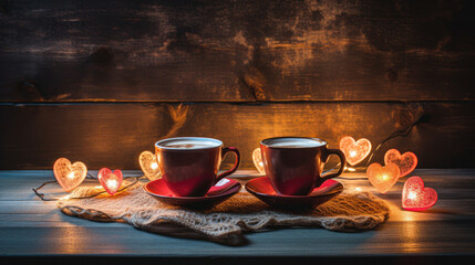Naklejka na ściany i meble Cozy Candlelit Valentine's Ambiance with Red Mug,A romantic setting featuring a lit candle in a red mug, surrounded by soft lighting and Valentine's themed decorations on a wooden surface.