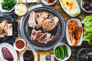 Full set of Korean BBQ, Korean dinner table.