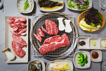 Full set of Korean BBQ, Korean dinner table.