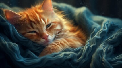Sleepy Kitten Snuggled Up in Cozy Blanket on Soft Comforting Backdrop AI Generated
