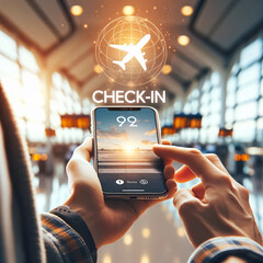 Traveler uses phone for airport check-in, with 'check-in' floating above and plane on display....