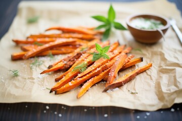 freshly baked sweet potato fries on parchment paper