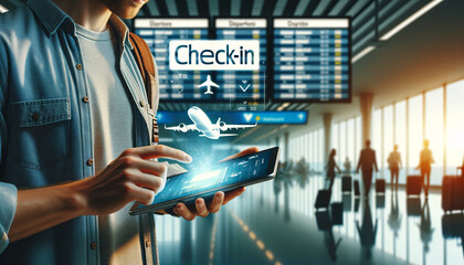 A traveler in a modern airport uses a tablet for easy check-in, with 'check-in' floating above. The...