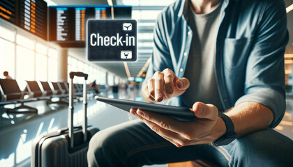 A traveler in a modern airport uses a tablet for easy check-in, with 'check-in' floating above. The...