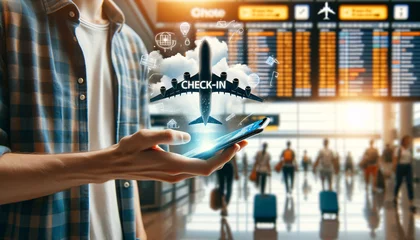 Fototapeten Traveler uses phone for airport check-in, with 'check-in' floating above and plane on display. Highlights the ease of digital check-ins. AI Generated. © tong4130