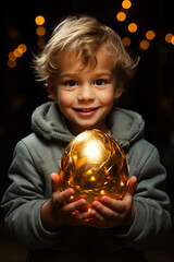 Naklejka premium A child ecstatically holding a golden egg, symbolizing a special and coveted find during the Easter egg hunt.
