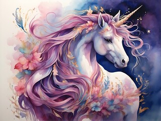 Obraz na płótnie Canvas Unicorn Painting With Flowers, A Delicate and Whimsical Artwork Displaying a Mythical Creature Surrounded by Colorful Blooms. Generative AI.