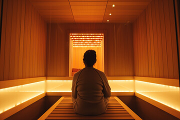 A person sitting in an infrared sauna surrounded by soft, warm light. - obrazy, fototapety, plakaty