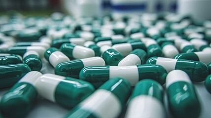 Obraz premium Antibiotic capsule pills on a white background. Prescription drugs. Colorful capsule pills. Antibiotic drug resistance concept. Pharmaceutical industry. Superbug problems. Medication and pharmacology