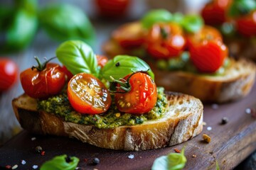 Focused pesto bruschetta served with cherry tomatoes and basil