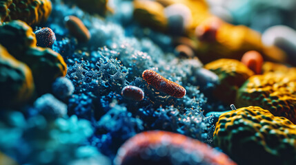 microorganisms close-up through a microscope - obrazy, fototapety, plakaty