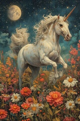 Obraz na płótnie Canvas White Unicorn Roaming a Floral Meadow Beneath Stars and Moonlight
