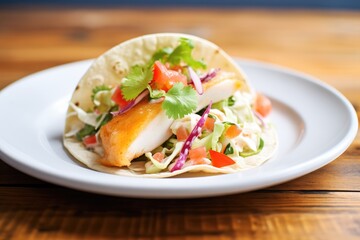 baja fish taco with creamy slaw and a wedge of lime