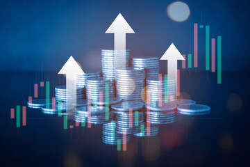 Money coin stack with trading graph and white up arrow. Business and financial concept with blue filter. 