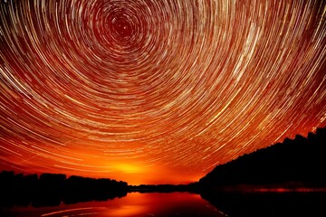 startrails in the red sky reflected in the surface of a lake surrounded by a forest, tracks of stars