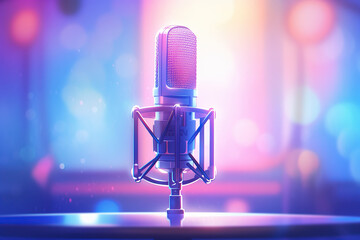 Studio microphone, podcast room in background, gradient neon lights, bokeh background, photorealistic - obrazy, fototapety, plakaty