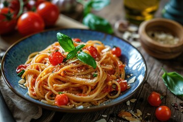 Sicilian pasta with almond and tomatoes pesto Classical Sicilian dish pasta with red pesto