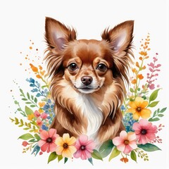 Watercolor chocolate chihuahua dog with flowers around